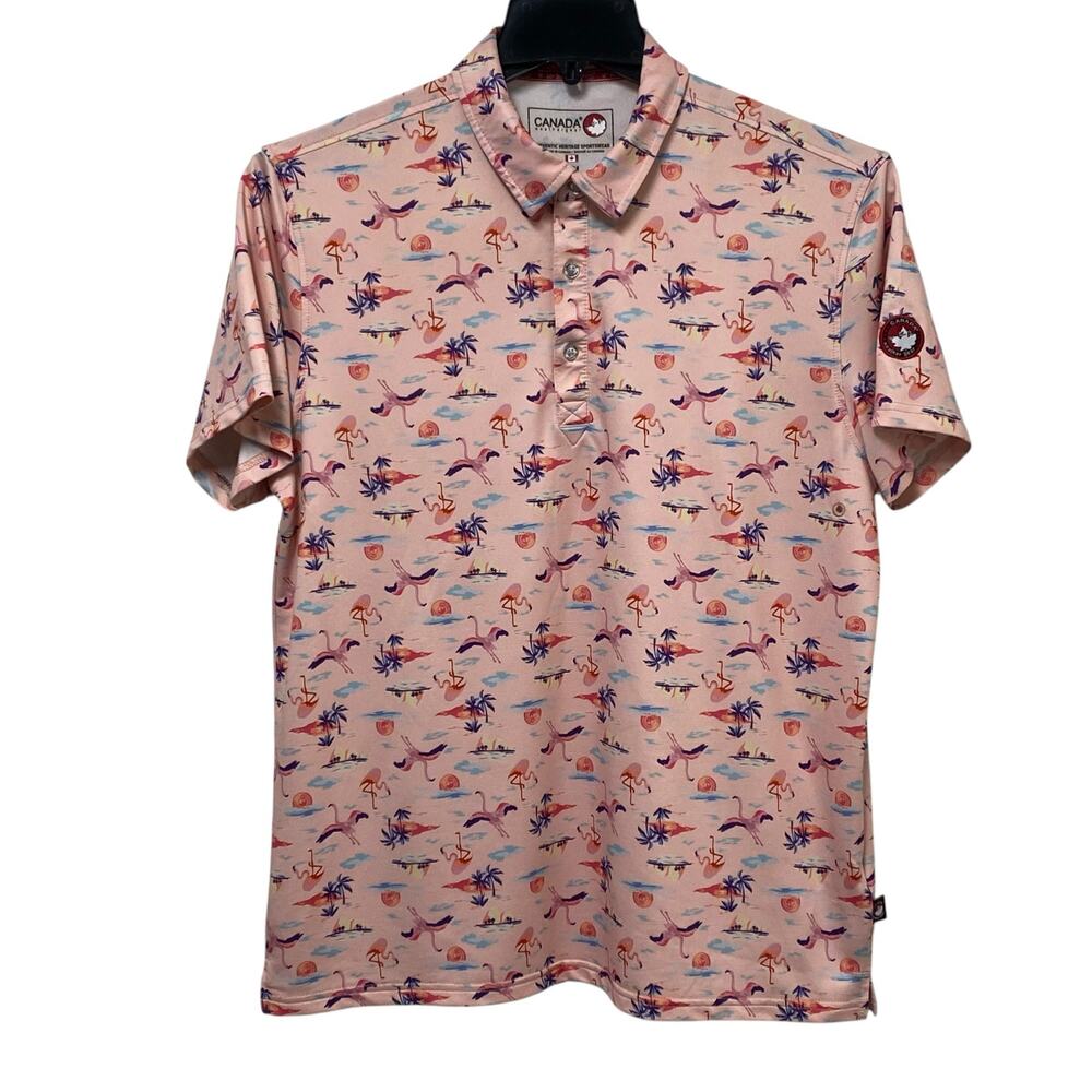 Canada Weather Gear Flamingo Tropical Polo Shirt Men M Pink Sunset Vacation Golf